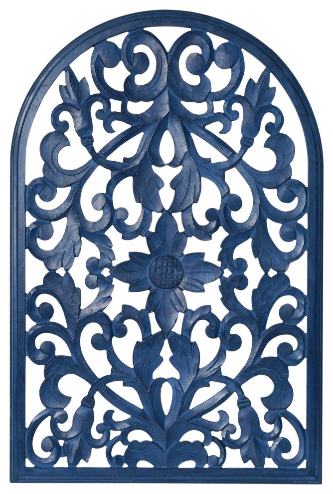 Hand-Carved Arched Navy Blue Wood Wall Accent Medallion - 24" x 36"