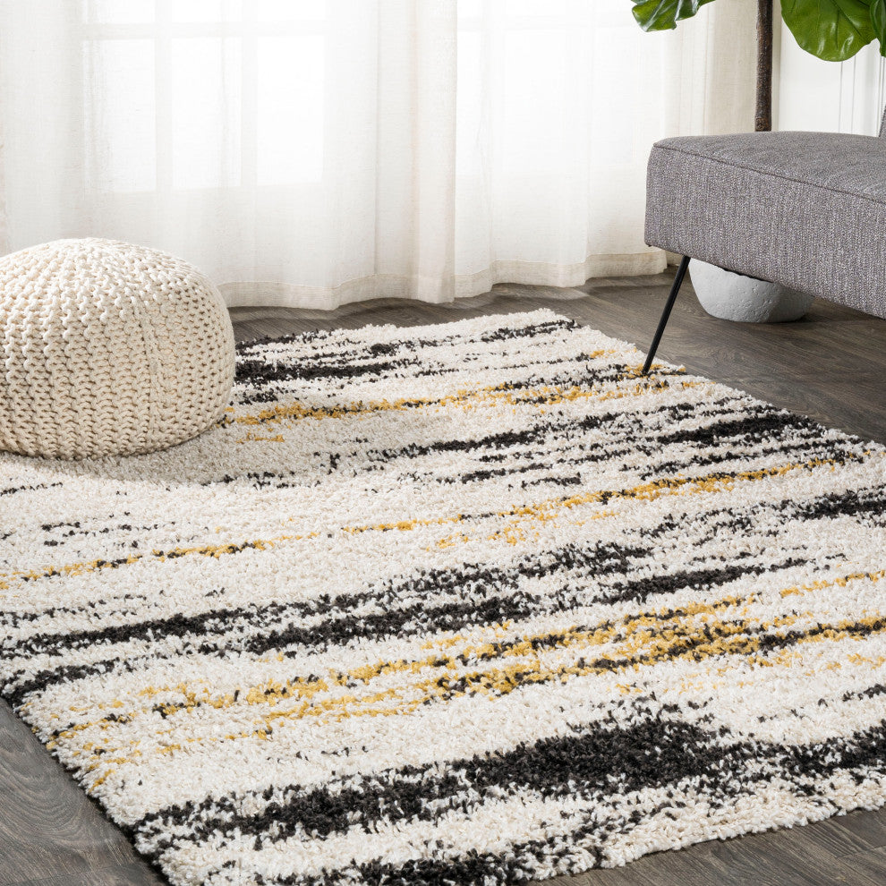 Nova Modern Bold Strie' Shag Beige/Black/Yellow 5'x8' Area Rug