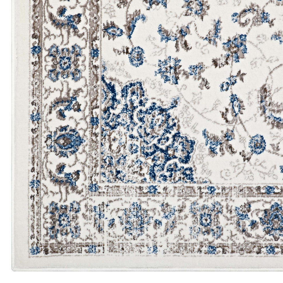 Ivory and Moroccan Blue Lilja Distressed Vintage Persian Medallion 5x8 Area Rug