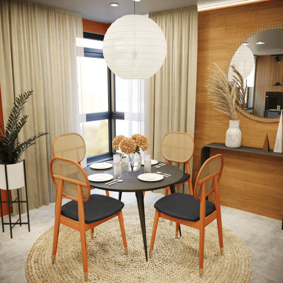 LeisureMod Holbeck Modern Dining Chair with Wood Legs and Wicker Back, Black