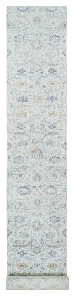Ivory Silk With Wool Hand Knotted Sickle Leaf Design XL Runner Rug, 2'6"x23'10"