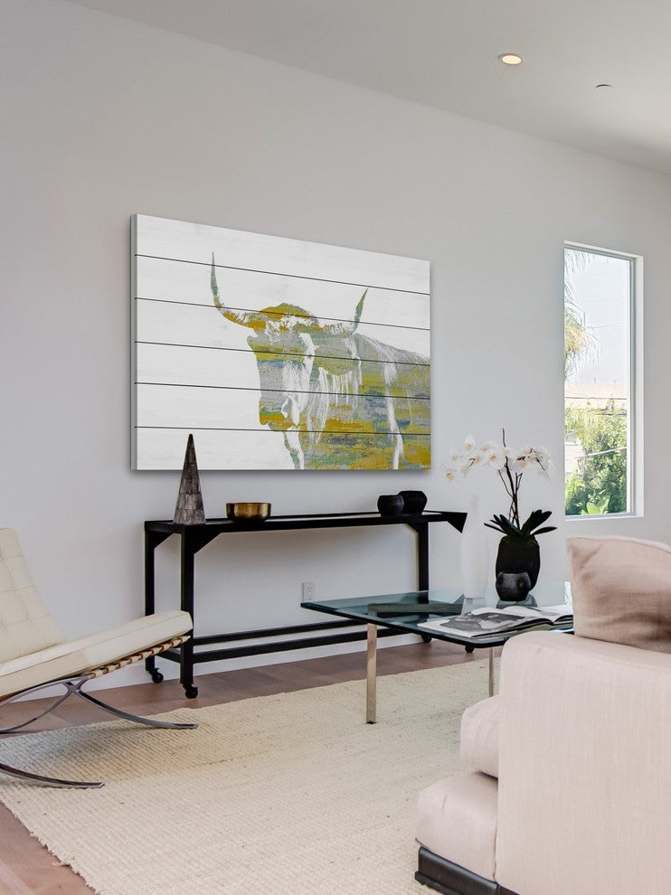 "Yellow Steer" Painting Print on White Wood, 18"x12"