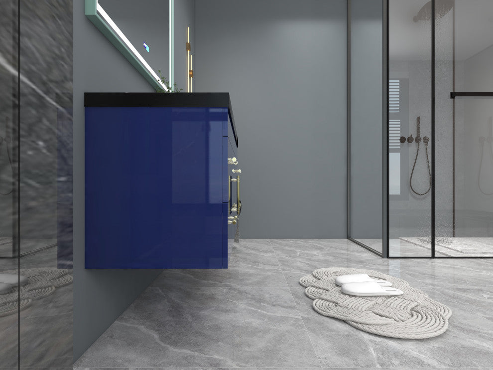 Rosa 48" Wall Mounted Modern Vanity, High Gloss Night Blue, Matt Black Top