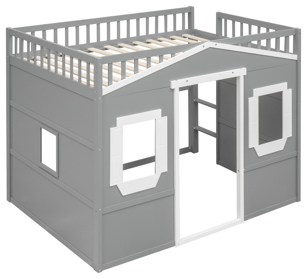 Gewnee Full Size Wood House Loft Bed With Ladder in Gray+White