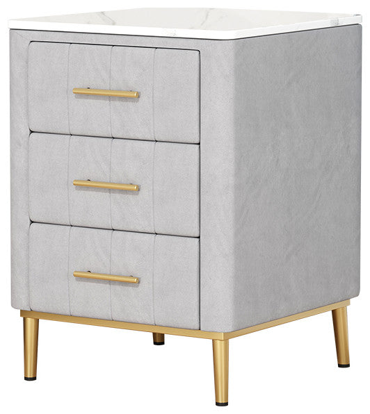 Modern Nightstand Gray Velvet Upholstered Bedside Table 3 Drawers With Stone Top