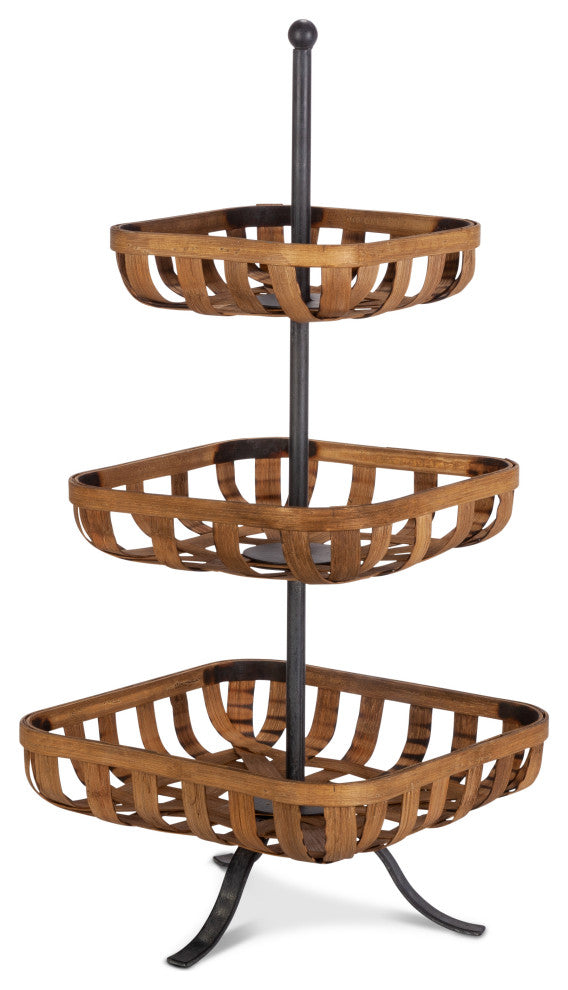 28.50" 3-Tier Bamboo and Metal Tobacco Basket Tray