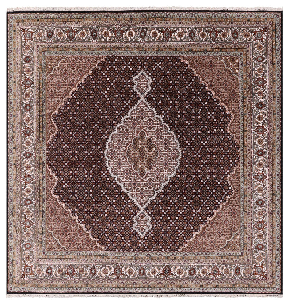 8' Square Handmade Persian Tabriz Wool & Silk Rug - Q13005