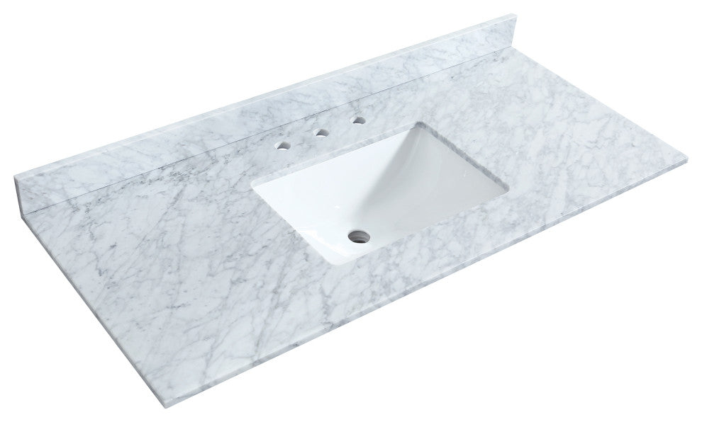 48" Single Bath Vanity White, Carrara Countertop, Sink, Gold Trim, Med. Cabinet