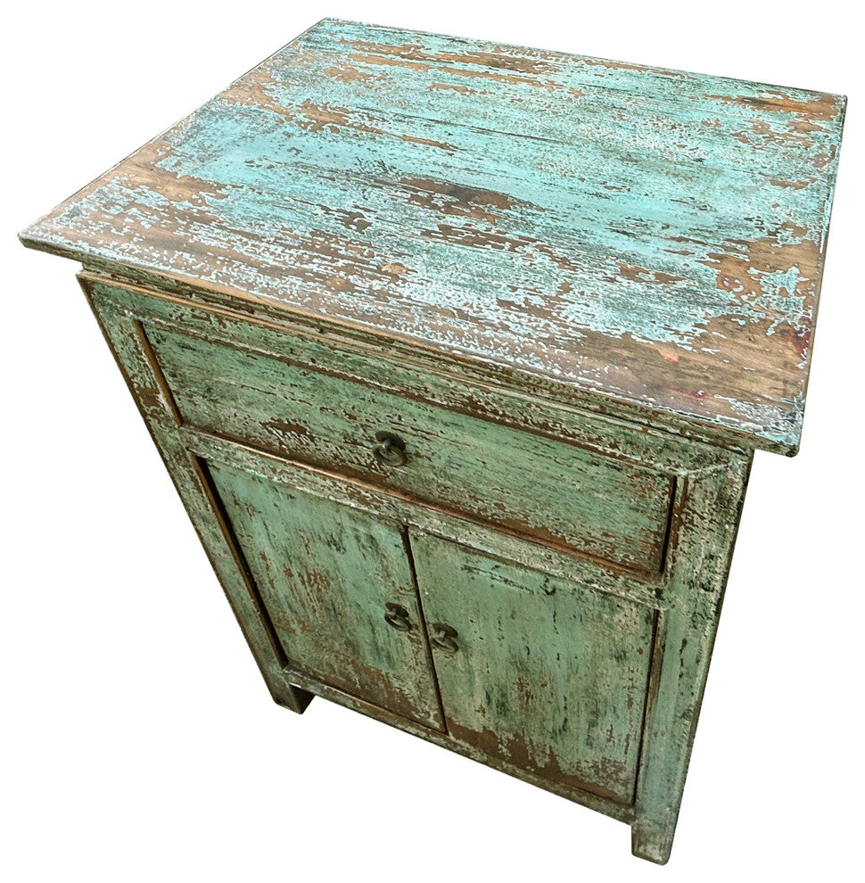 Distressed Pastel Light Green 2 Doors End Table Nightstand