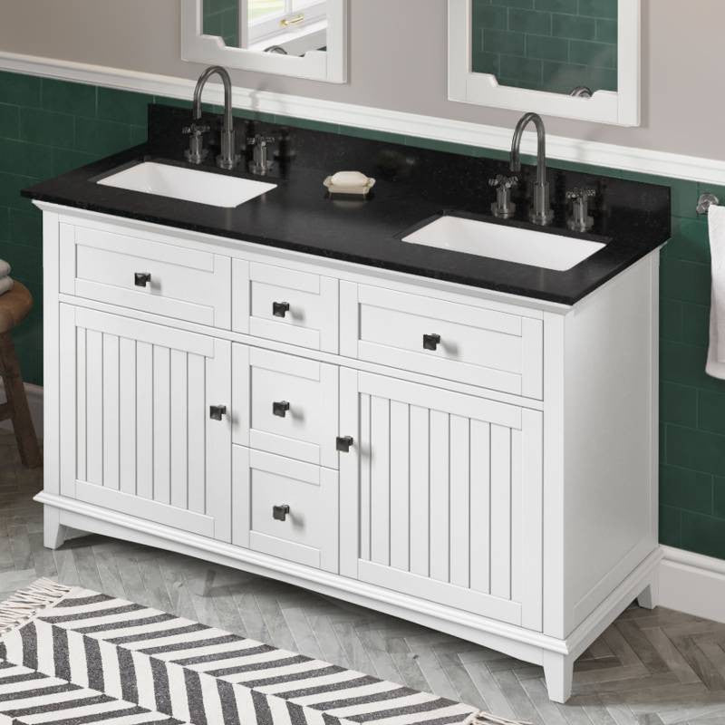 Savino Modern 60" White Double Sink Vanity, Black Granite Vanity Top