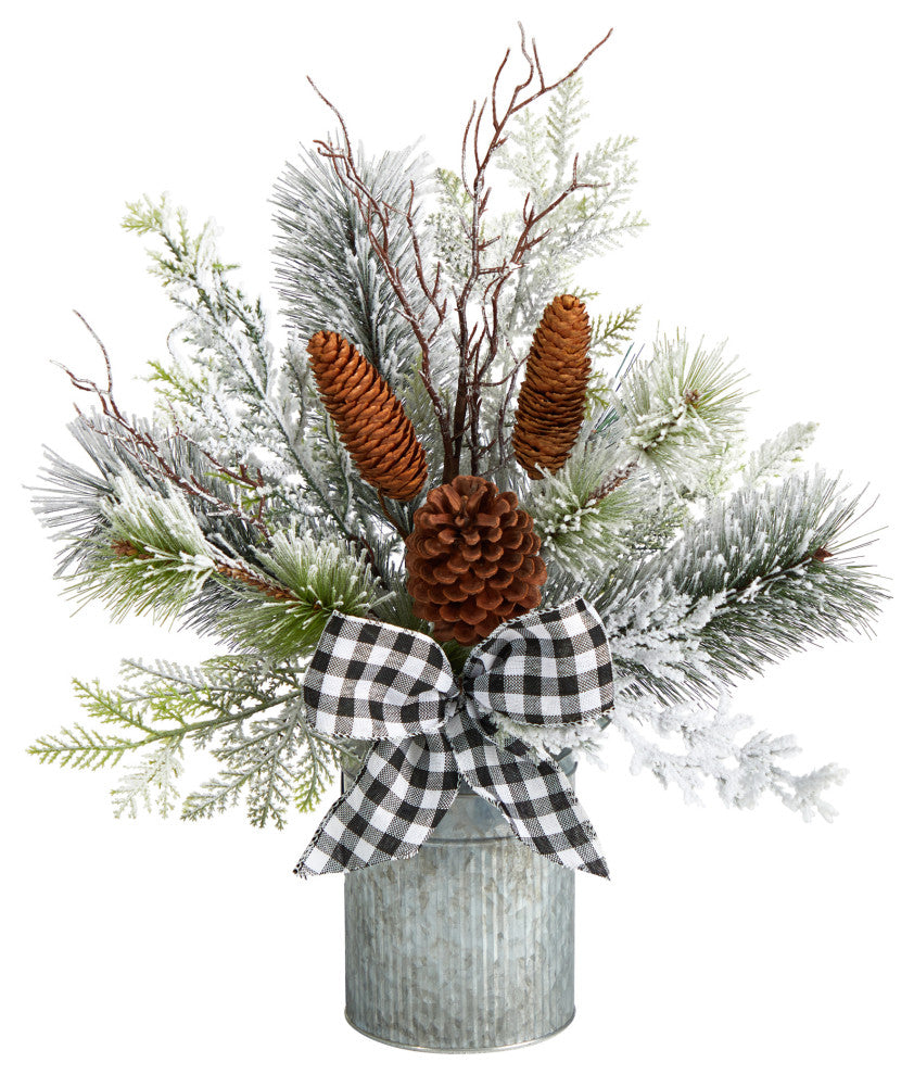 20" Holiday Winter Greenery W/ Pinecones & Gingham Bow Table Faux Arrangement
