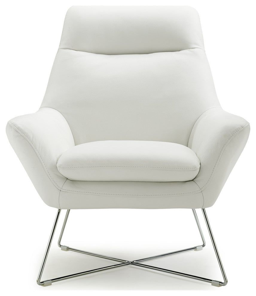 HomeRoots Chair White Top Grain Italian Leather Stainless Steel Legs.