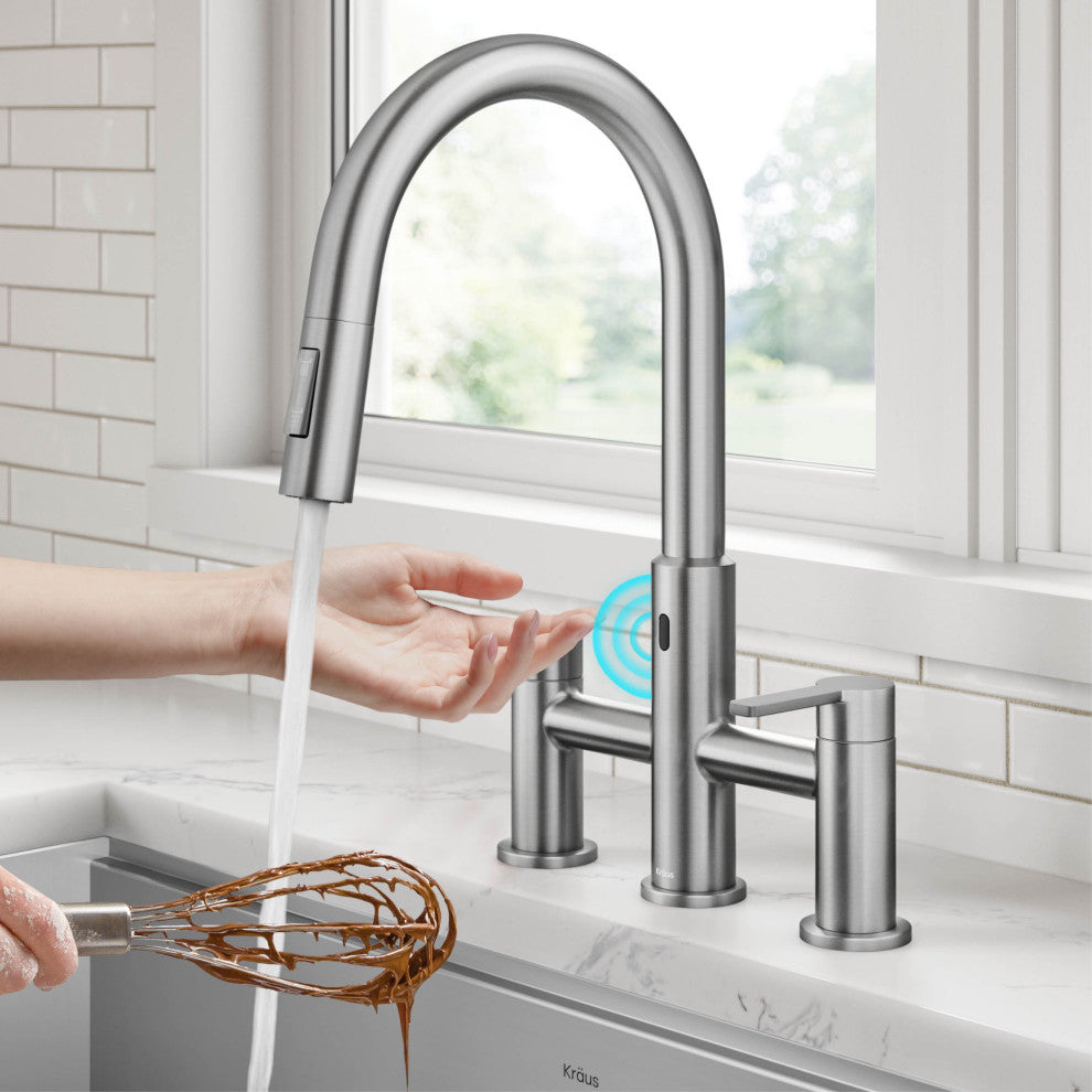KRAUS Oletto Touchless Sensor Bridge Kitchen Faucet w Pulldown Sprayhead SFS