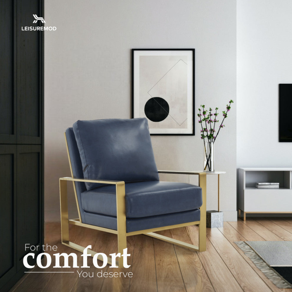 LeisureMod Jefferson Faux Leather Accent Armchair With Gold Frame, Navy Blue
