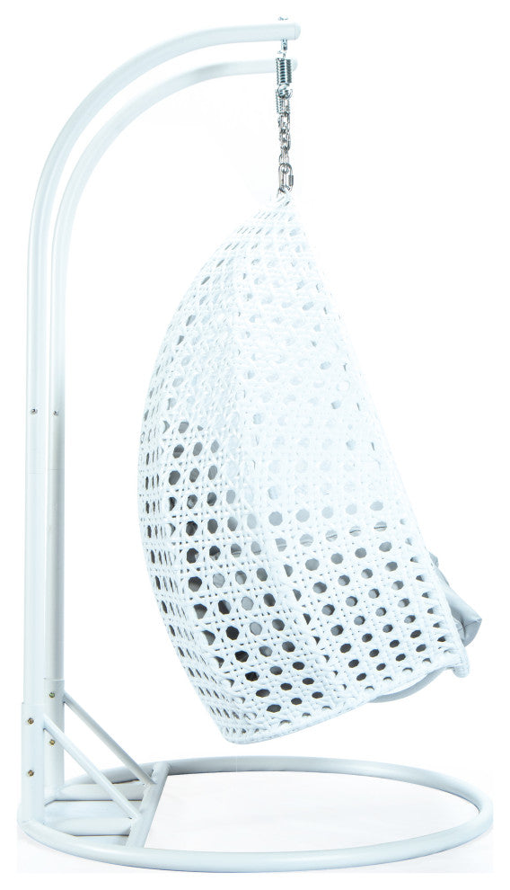 2 Person White Wicker Double Hanging Egg Swing Chair, Light Gray