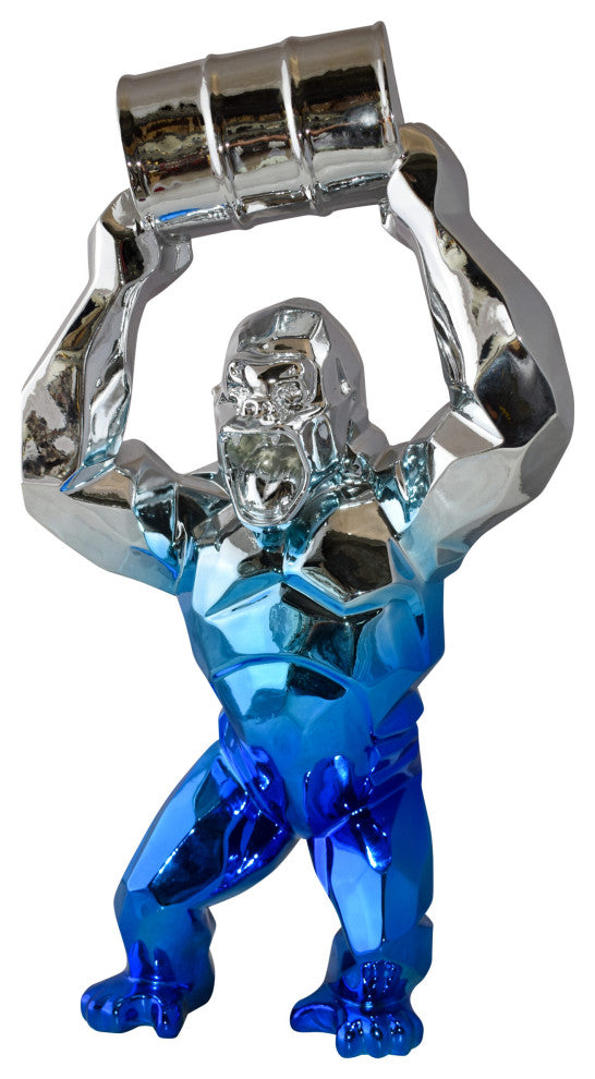 Textile Blue and Silver King Kong with A Barrell Statue  Size: 14" x 7" x 24"H