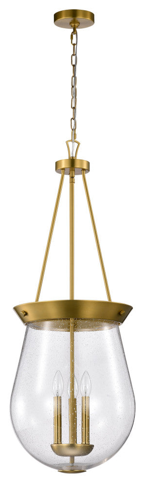 Boliver 3 Light Pendant, 14", Vintage Brass Finish, Clear Seeded Glass