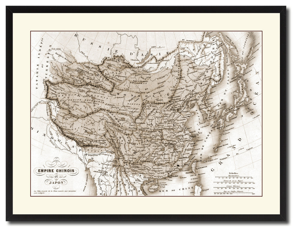 China Japan Korea Vintage Sepia Map Canvas Print, 28"x37"