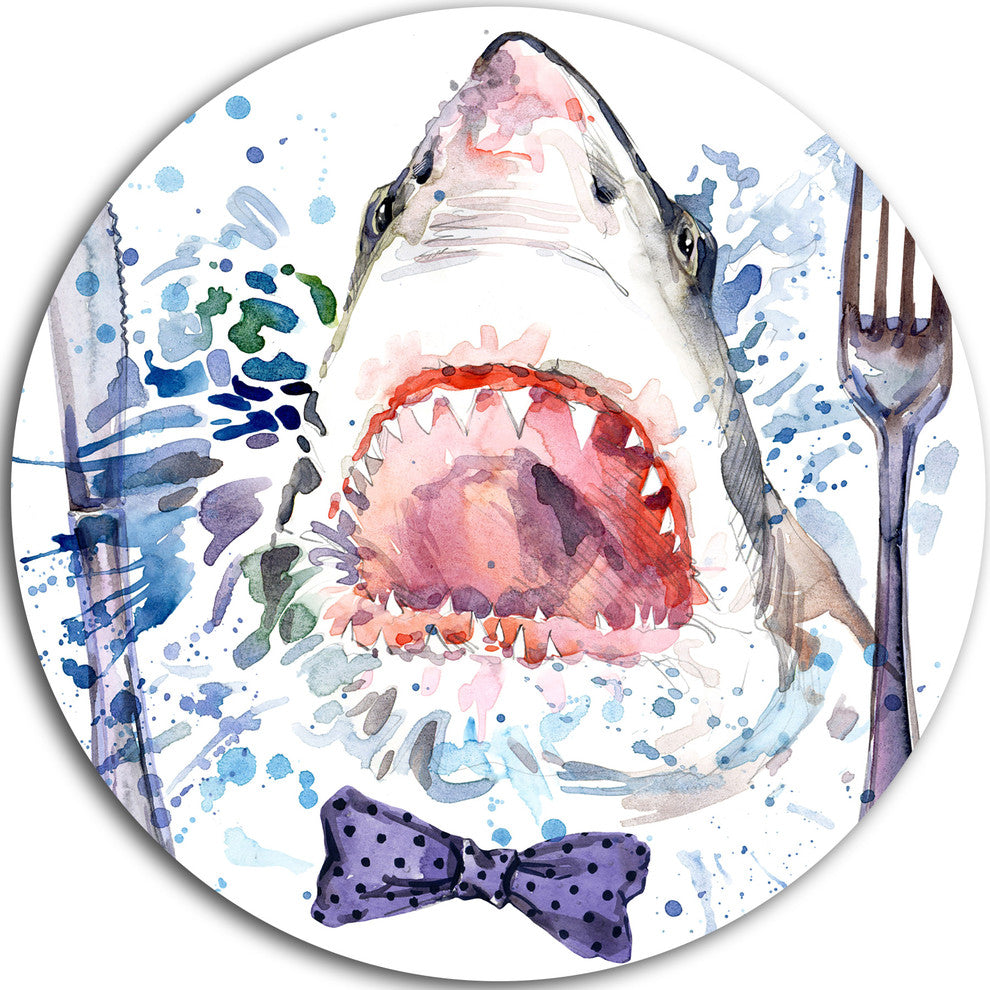 Hungry Shark Illustration, Animal Disc Metal Artwork, 38"