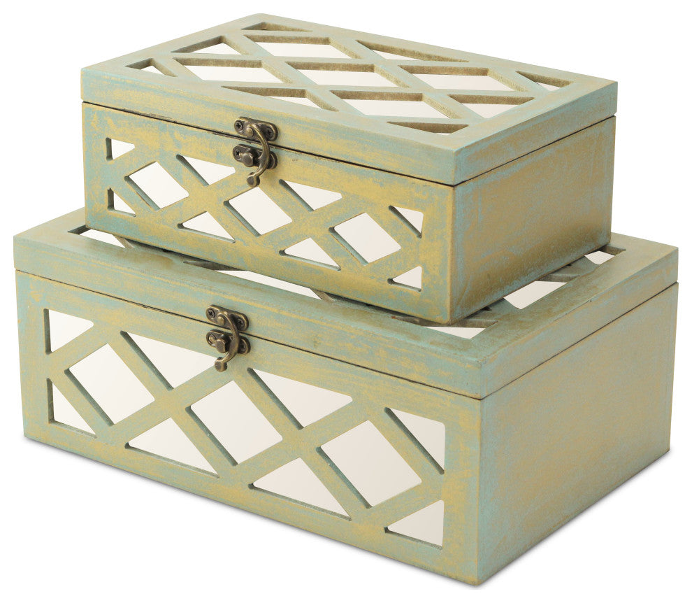 Mirror Diamond Keepsake Boxes, Gold, Set of 2, Gold
