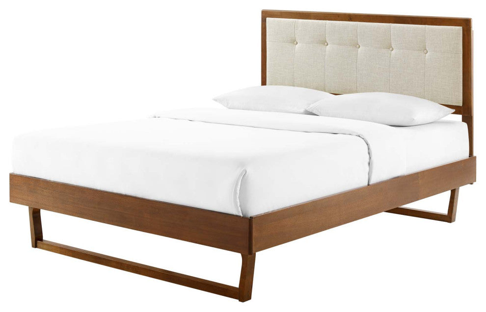 Platform Bed Frame, King Size, Wood, Brown Walnut Beige, Modern Mid-Century