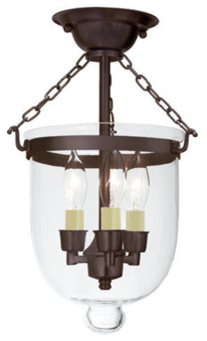 Small Semi Flush Bell Jar Lantern With Clear Glass, Oil Rubbed Bronze