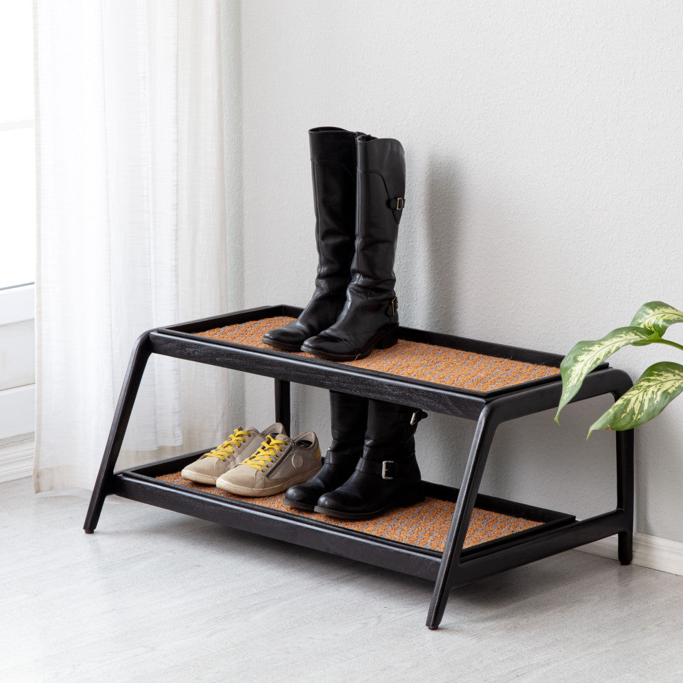 Double-Tier Black Stand With 3-Pair Rubber Boot Trays My Blue Heaven