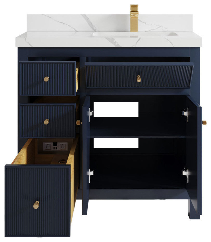 Sonoma 36 Right Offset Reeded  Bath Vanity in Hale Navy Blue 2" Calacatta Laza