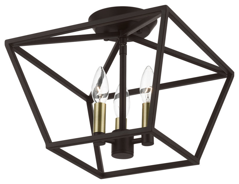 Devone 3 Light Bronze With Antique Brass Accents Square Semi-Flush