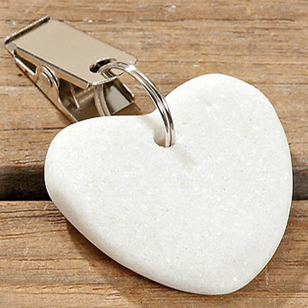 Natural Stone Hearts Table Cloth Weights on Clip Hangers, White, Set of 4