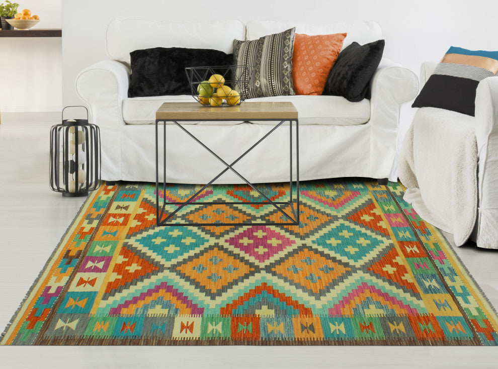 Sangat Flatweave Hormoz Orange/Ivory Rug, 4'9 x 6'6