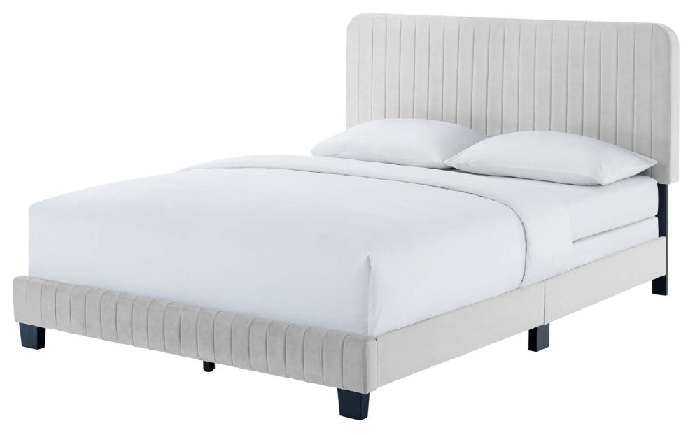 Tufted Platform Bed Frame, Queen Size, Velvet, Grey Gray, Modern Contemporary