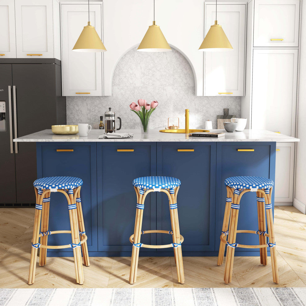 Tobias Rattan Bar Stool, Cobalt Blue and White, Diamond