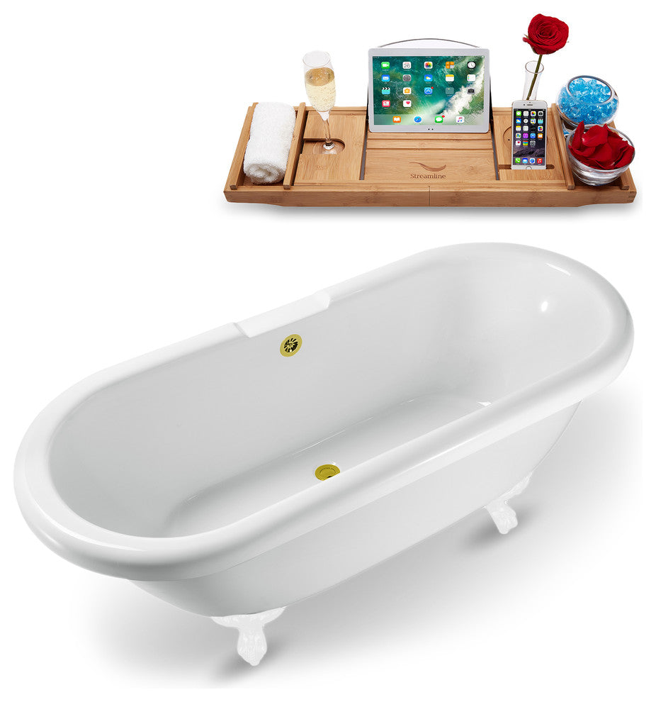 67" White Clawfoot Tub and Tray, White Feet, Gold External Drain