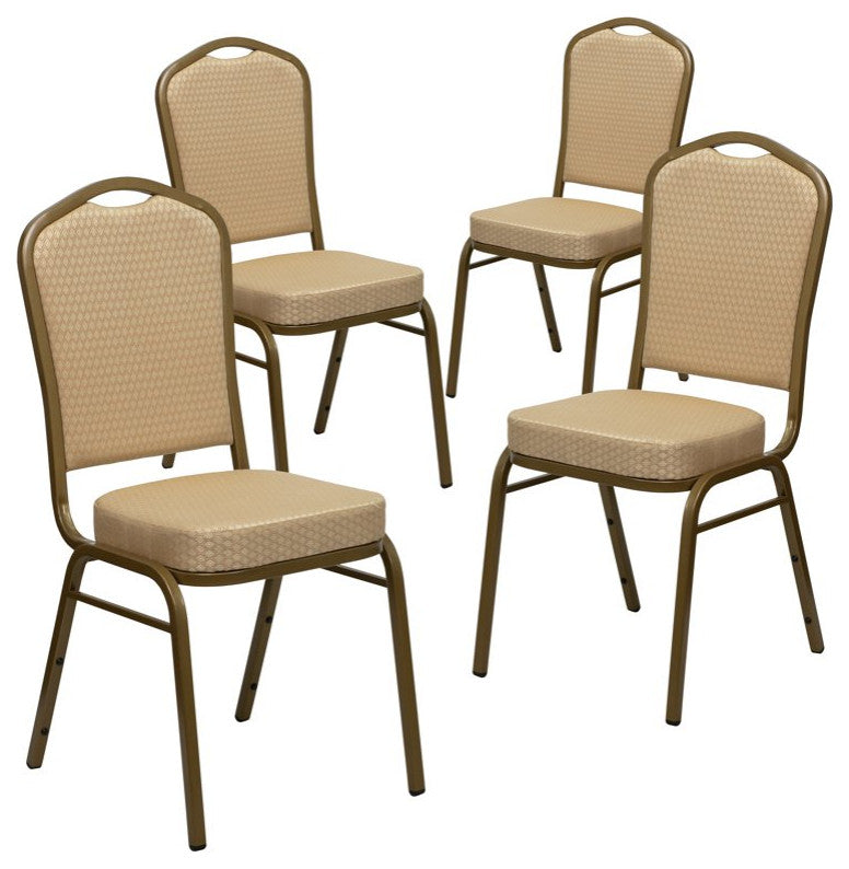 4 Pack Dining Chair, Cushion Seat & Back, Beige Patterned Fabric/Gold