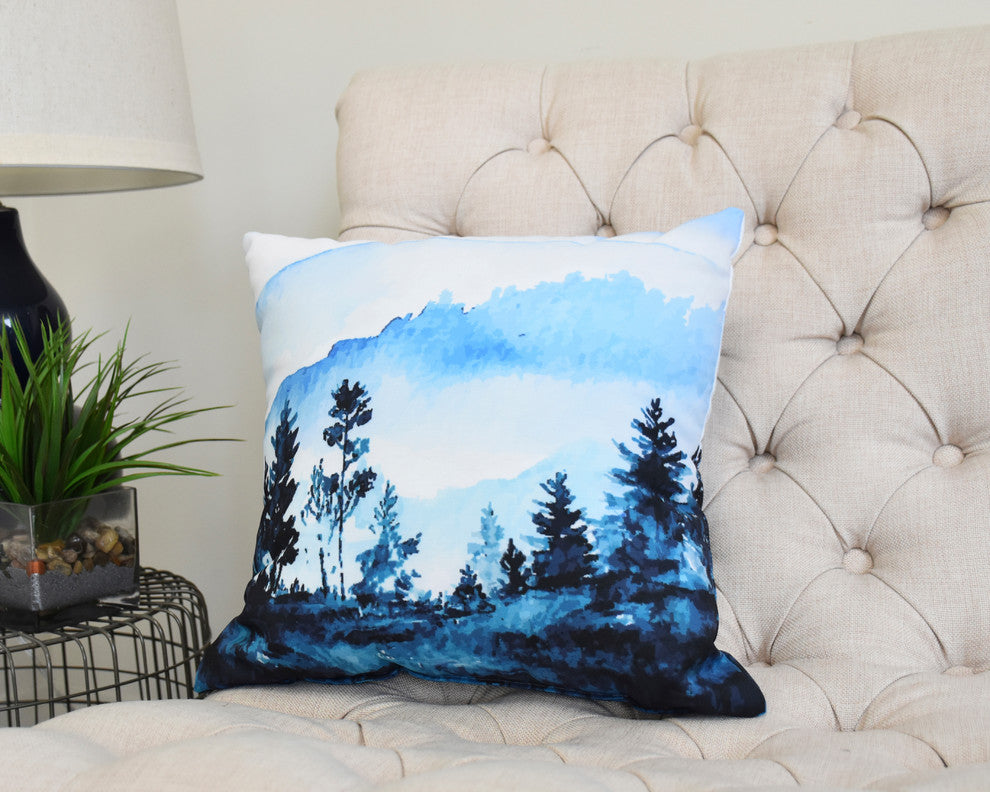 Mountain Forrest 16" Blue Holiday Print Decorative Throw Pillow