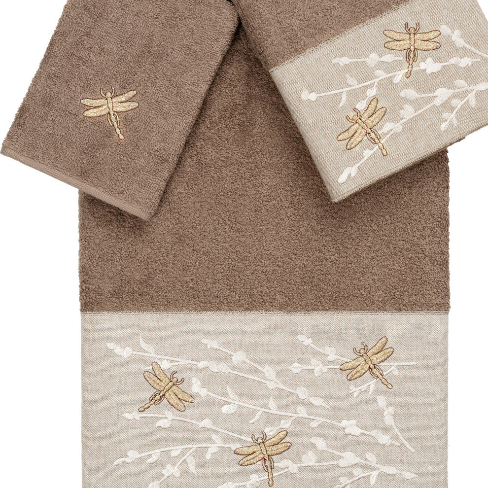 Linum Home Textiles Turkish Cotton Braelyn 3-Piece Embellished Towel Set, Latte