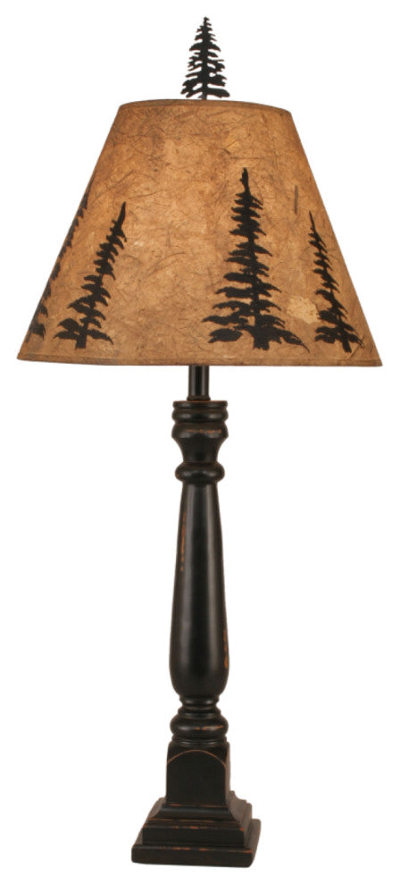 Square Distressed Black Buffet Lamp With Feather Tree Shade