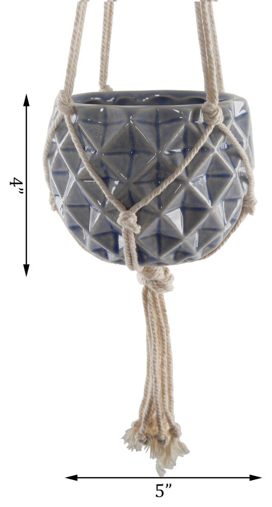 5x5" Ceramic Macrame Hanging Planter, Blue