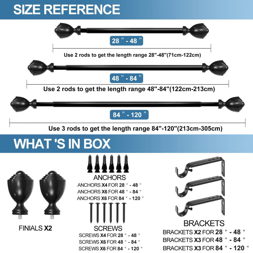1" Urn Drapery Curtain Rod, Black, 28"-48"