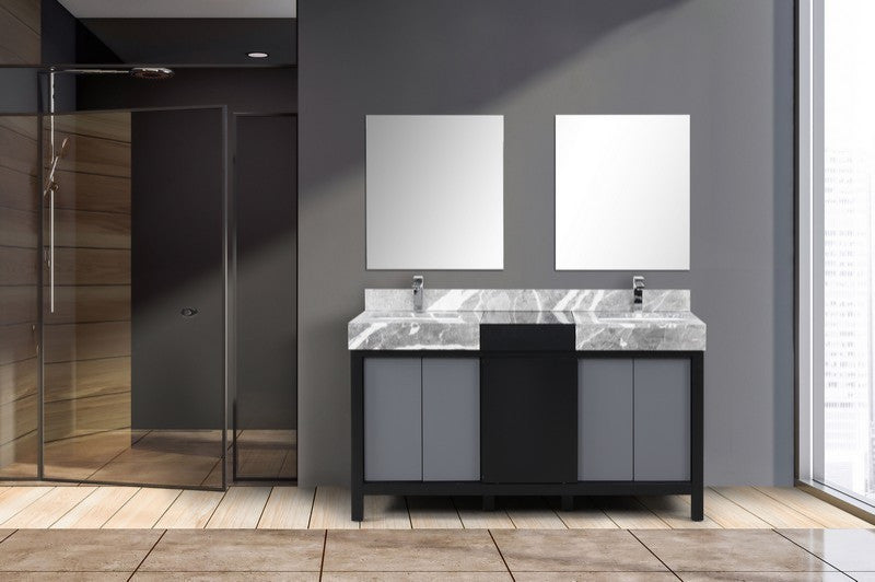 Zilara 60" Black and Grey Double Vanity Set, Monte Chrome Faucet Set