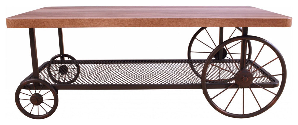 Rectangular Oak Finish Coffee Table With Metal Mesh Bottom Shelf