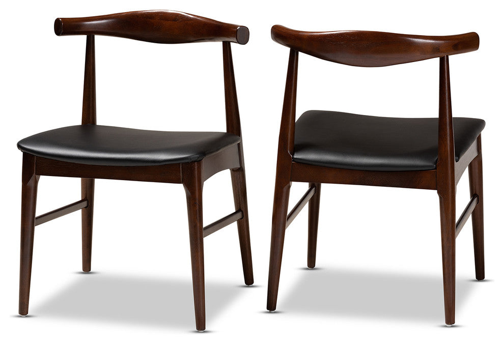 Eira Mid-Century Modern Black Faux Leather Walnut Wood Dining Chairs, Set of 2