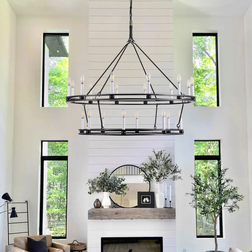 Matte Black 20-Lights Wagon Wheel Chandelier for Living Room