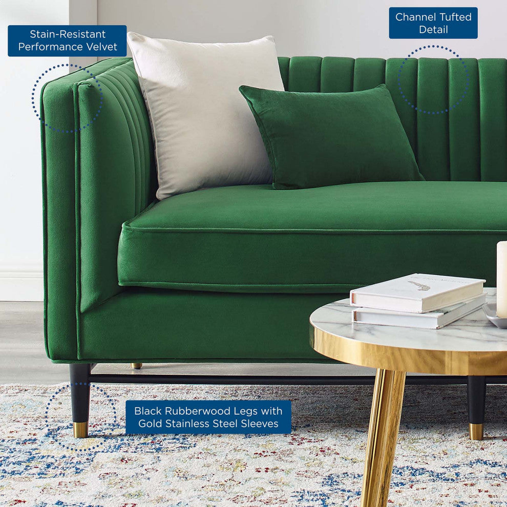 Loveseat Sofa, Velvet, Green, Modern, Living Lounge Room Hotel Lobby Hospitality