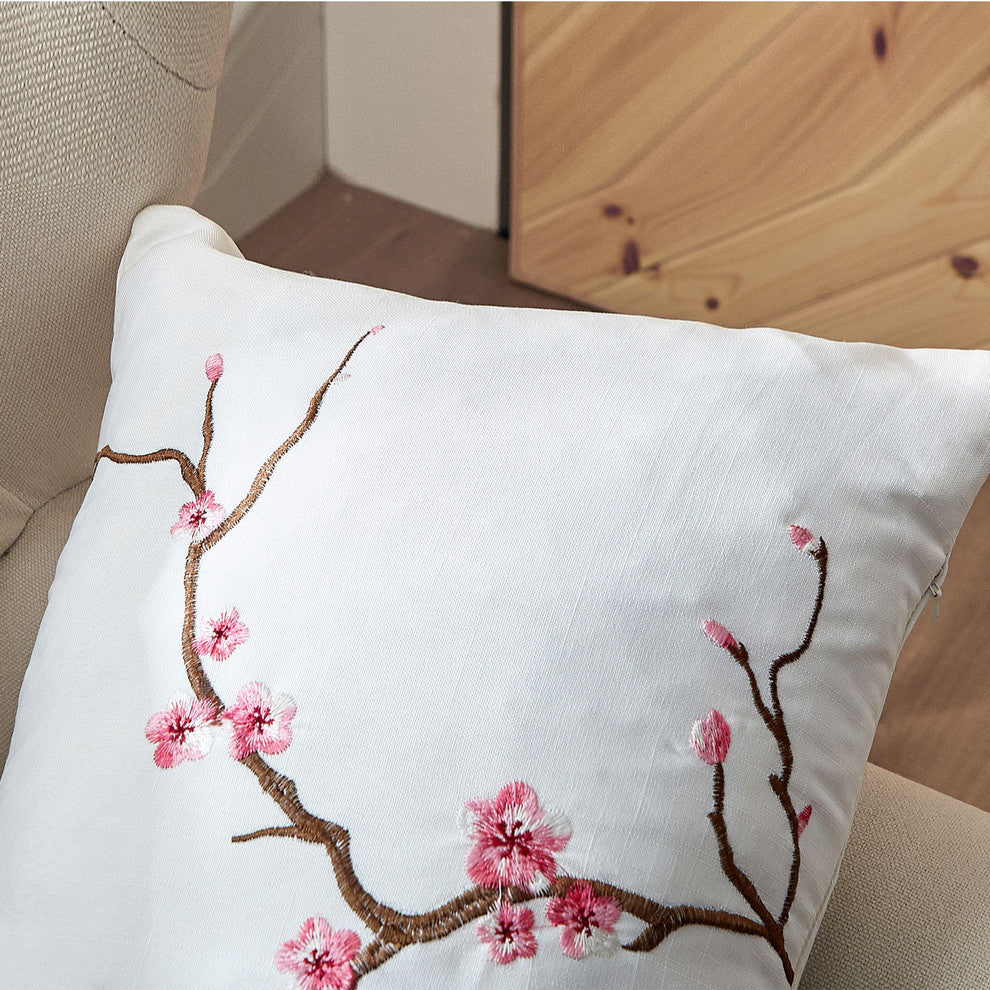 Cherry Blossom Embroidery 2 Piece Pillow Covers, Pink, 20" X 20"