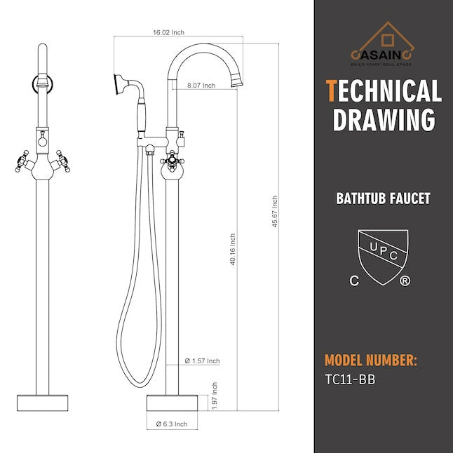 Freestanding Bathtub Faucet Hand Shower Vintage Floor-Mount Tub Faucet 2-Handle