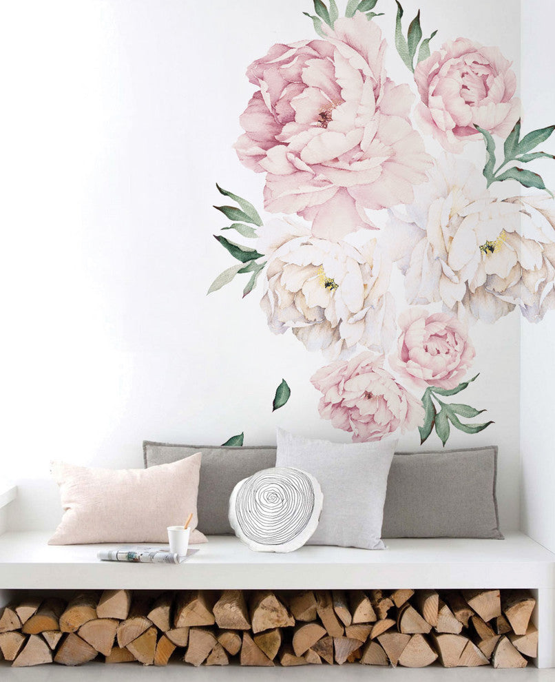 Peony Flowers Vinyl Wall Sticker, Vintage Pink