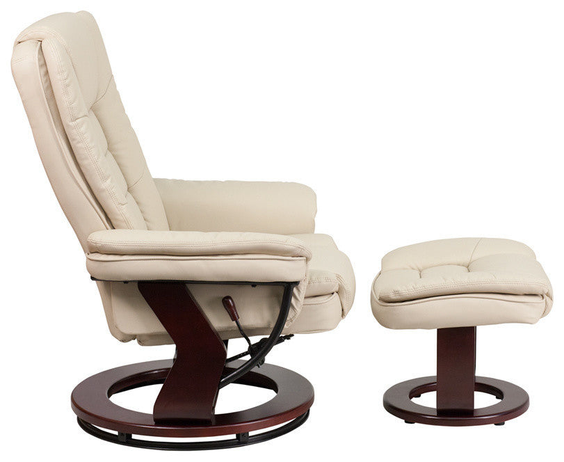 Contemporary Leather Recliner And Ottoman Set, Beige