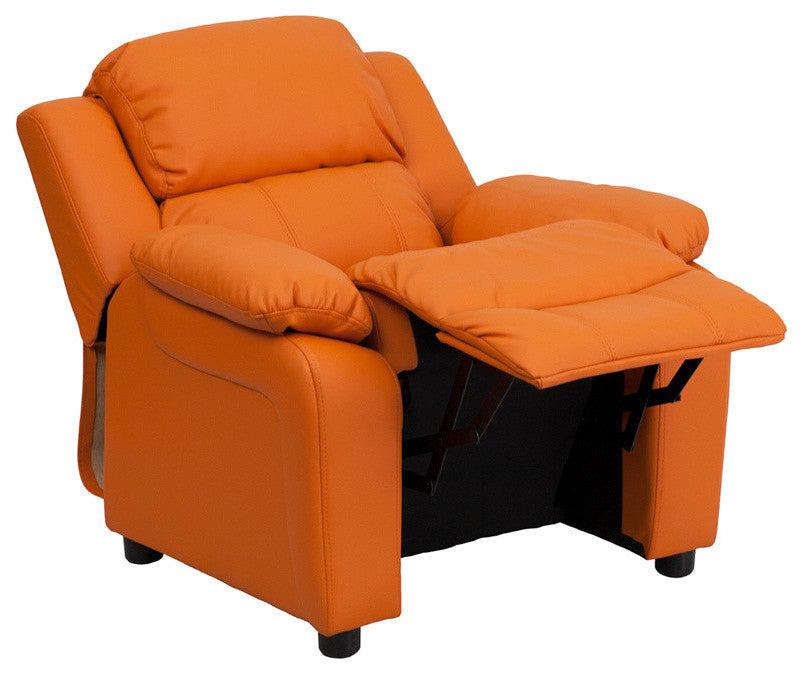 Deluxe Padded Kids Recliner With Storage Arms, Orange Vinyl